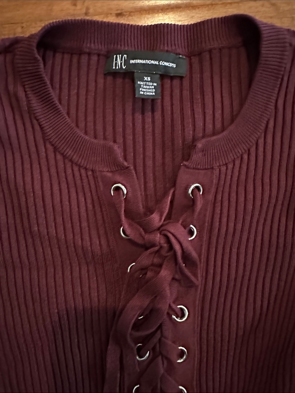 INC International Concepts Ribbed Lace-Up Pullover in Port Color - Picture 3 of 5